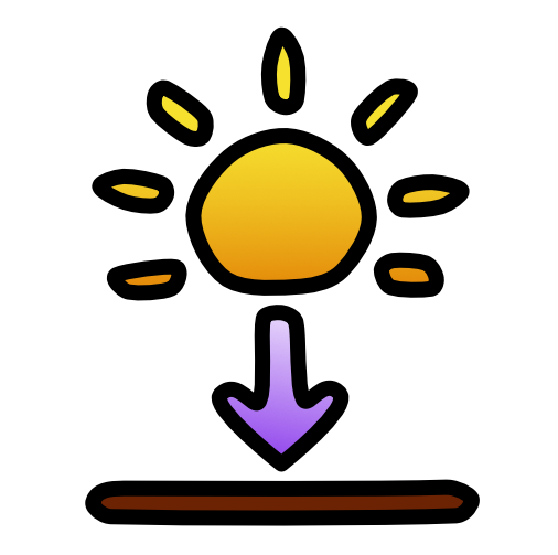 a purple arrow sitting below a sun points to a brown bar. The arrow grades from purple to light blue, and the sun has a slight grade from orange to yellow